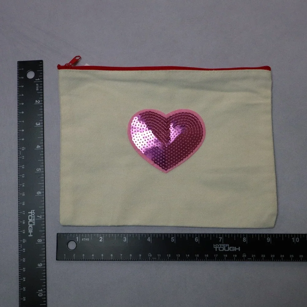 Pink‎ Sequin Heart Patch Red Zipper Canvas Pencil Makeup Handmade Pouch Bag
